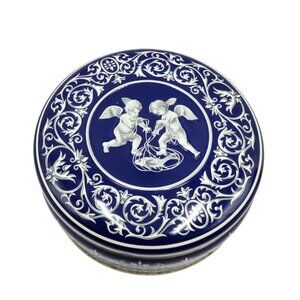 GENERAL BISCUITS Tin Box Cherub Round Blue Storage Container 80s Vintage